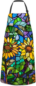 Stained Glass Sunflower Apron for Women Men, Cooking BBQ Chef Polyester Lightweight Floral Mosaic Design Aprons with Pockets for Baking Kitchen Gardening Cleaning, Adjustable, 28×33inch