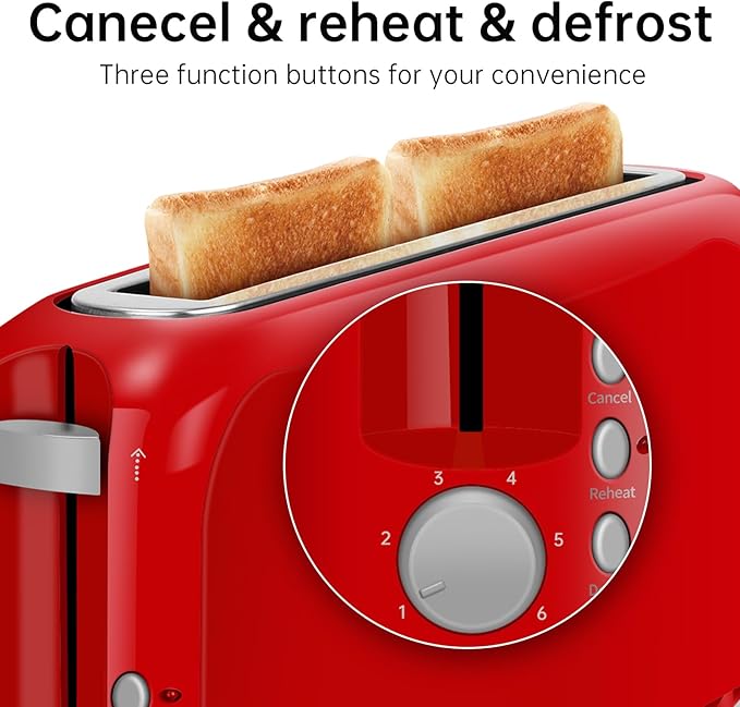 SEEDEEM 2 Slice Slim Toaster, Single 10" Long Slot Toaster Fits Bagels & Artisan Bread, 6 Shade Settings, Cancel/Reheat/Defrost, Removable Crumb Tray, Auto Shut-Off, Red