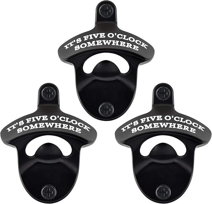 Stainless Wall Mounted Bottle Opener Black White, FIVE O'CLOCK SOMEWHERE Mountable Beer Bottle Opener for Table Men Women Gift (Pack of 3)