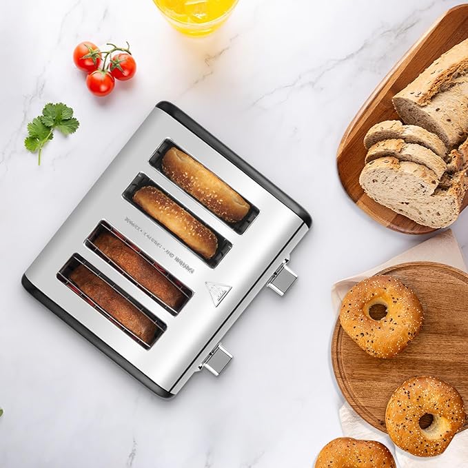 CUSIMAX 4 Slice Toaster with Smart LED Display, Stainless Steel Toaster with Exart Wide Slots, 6 Shade Settings, Bagel, Defrost and Cancel Fuction, 1650 Watts, Removable Crumb Trays, Black