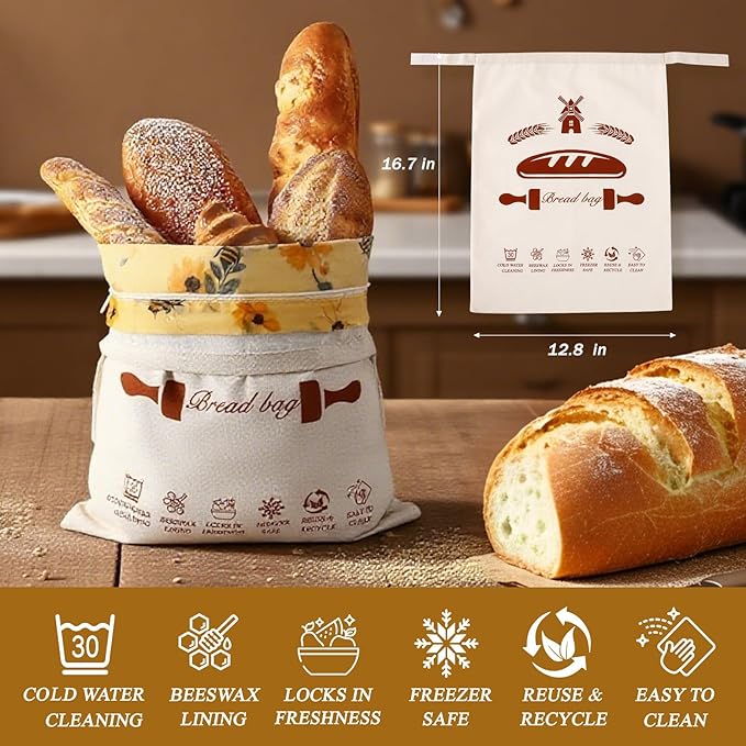 2 Pack Beeswax Bread Bags with Zipper for Homemade Bread & Sourdough, Reusable Natural Cotton Lined Storage with Easy-Clean Detachable Design, Freezer Safe Freshness Bag
