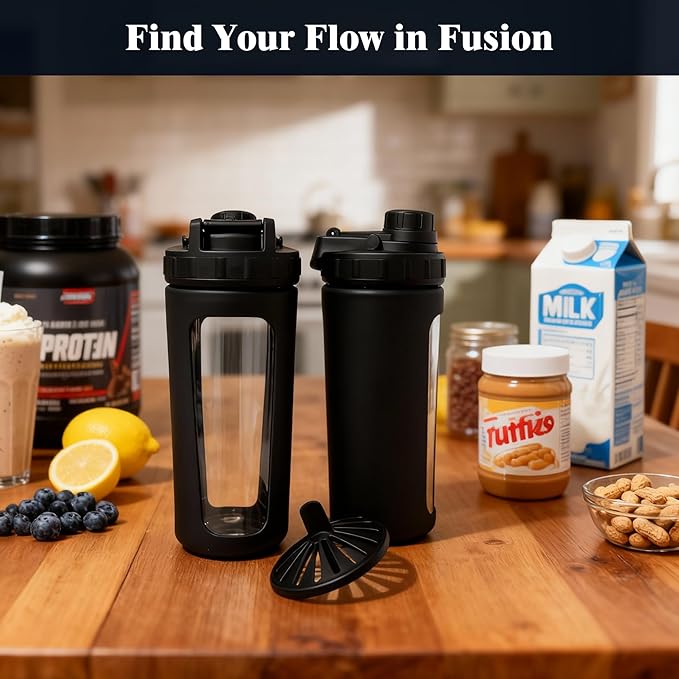 Glass Shaker Cup Odorless BPA Free– Glass Shaker Bottle for Protein 26oz Durable Borosilicate Glass, Leak-Proof & BPA-Free – Ideal for Creamy Protein Shakes, Smoothies & Workout Drinks (Black)