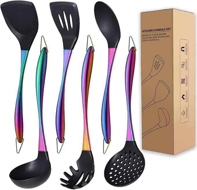 Kitchen Utensils Set, Large Non-stick Silicone Cooking Utensils Set 6 Pcs,Made of 446°F Heat Resistant Food Grade Silicone and Stainless Steel Handles,Easy to Clean Kitchen Gadgets Set (Rainbow)