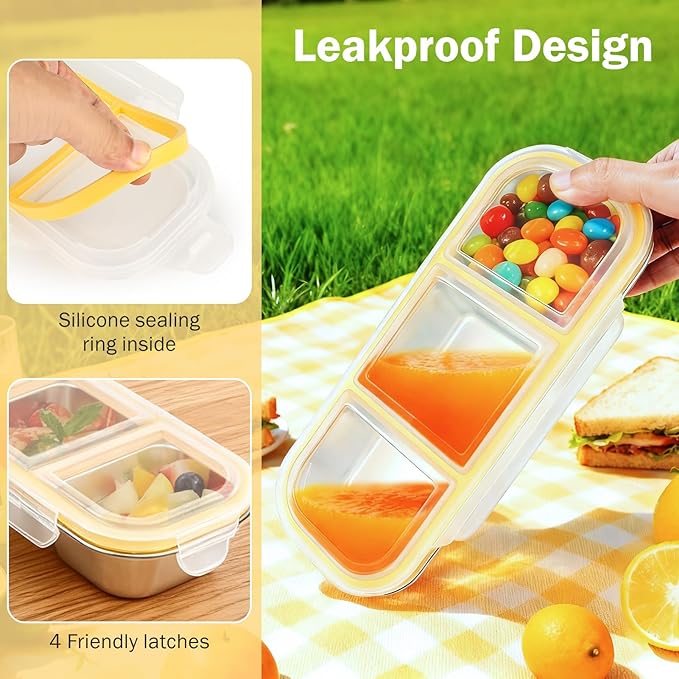 3 Pack Stainless Steel Snack Containers with Lids, Reusable Metal Food Storage Containers, 3 Compartment Leakproof Snack Box, Portable Bento Lunch Snack Boxes for Home, Travel, Outdoor and Camping