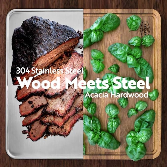 Stainless Steel Cutting Boards For Kitchen With Lip(Wood & Metal, 15"x10") - Non Plastic Non Toxic Acacia Wooden Double Sided Cutting Chopping Boards For Kitchen For Defrost | Best Gift Idea