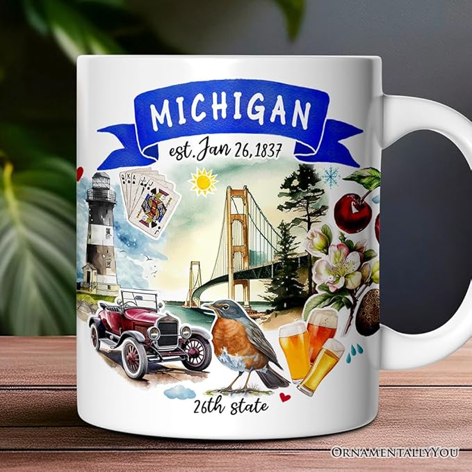 OrnamentallyYou State Travel Landmark Mugs – 12 oz Ceramic Coffee Cups, U.S. Souvenir Gift for Tourists (Artistic Michigan State Themes and Landmarks Mug)