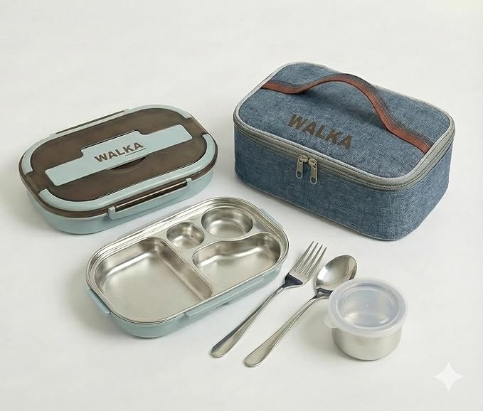 WALKA Lunch Box Stainless Steel, Metal Bento Boxes Leak-Proof, 4 Compartments Bento Lunch Box, Food Storage Containers, Dishwasher Safe with Bag (Blue)