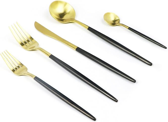 Customized 20-Piece 18/10 Stainless Steel Flatware Set, Serive for 4, With Fork Spoons Knife Teaspoon Dessert Fork for Home Kitchen Restaurant Hotel (Black + Gold)
