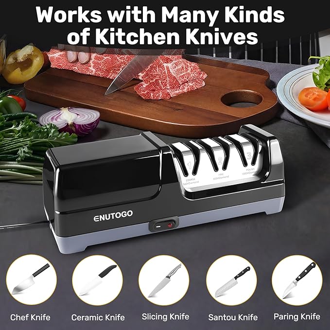 Knife Sharpener, 3-Stage Electric Knife Sharpener for Kitchen Knives, 100% Diamond Abrasive with Quick Sharpening & Polishing, Professional Sharpening Tool with Metal Dust Collection Box