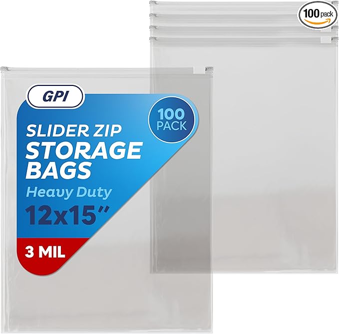 100 Count - Slider Zip 2 Gallon Jumbo Food Storage Bags, 12" x 15" 3 Mil Heavy Duty, Extra Large, Strong & Durable For Freezer Storage. GPI