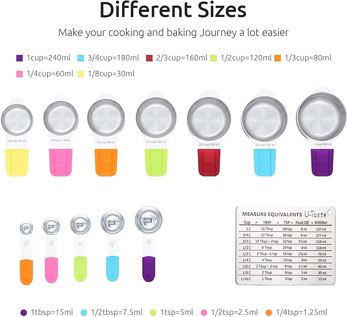 Measuring Cups, U-Taste Magnetic Measuring Cups and Spoons Set of 13 in 18/8 Stainless Steel: 7 Measuring Cups and 5 Measuring Spoons with 1 Professional Magnetic Measurement Conversion Chart