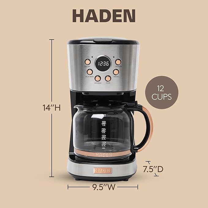 Haden Coffee Machine, 12 Cup Programmable Drip Coffee Maker with Auto Shut-Off Function and Reusable Washable Water Filter, Steel & Copper