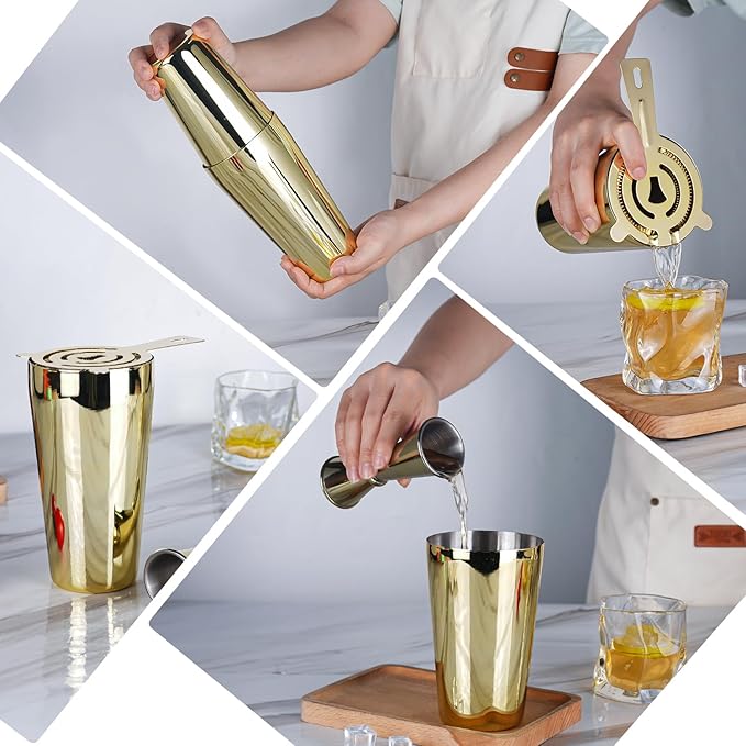 Cocktail Shaker Set 4-Piece Boston Shaker Kit with 20oz/25oz Shaker,Strainerand 0.5/1oz Double JiggerBar Set for Home Drink Mixer Bartendiing (Gold, 20oz/25oz)