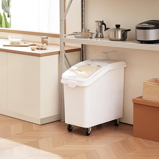 VEVOR 27 Gallon food storage containers 500 Cup Ingredient Bin with Scoop and Sliding Lid Commercial Food Container Ideal for rice storage, dog food container, flour, and sugar containers, White