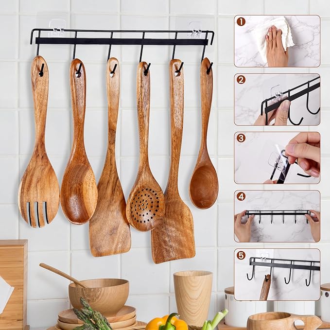 6x Wooden Spoons for Cooking Kitchen Utensil Set Smooth Finish Wooden Cooking Utensils Spoons Filter Spoon and Salad Fork Accessories+1x Kitchen Hooks for Hanging Utensils Rack