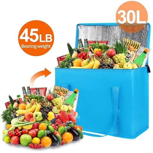 Bodaon 4-Pack Cooler Insulated Food Delivery Bag, X-Large Bags With Top Zippered for Grocery/DoorDash/Catering/Shopping, Thermal Hot Pizza, Large Cold Frozen, Blue With Bottom
