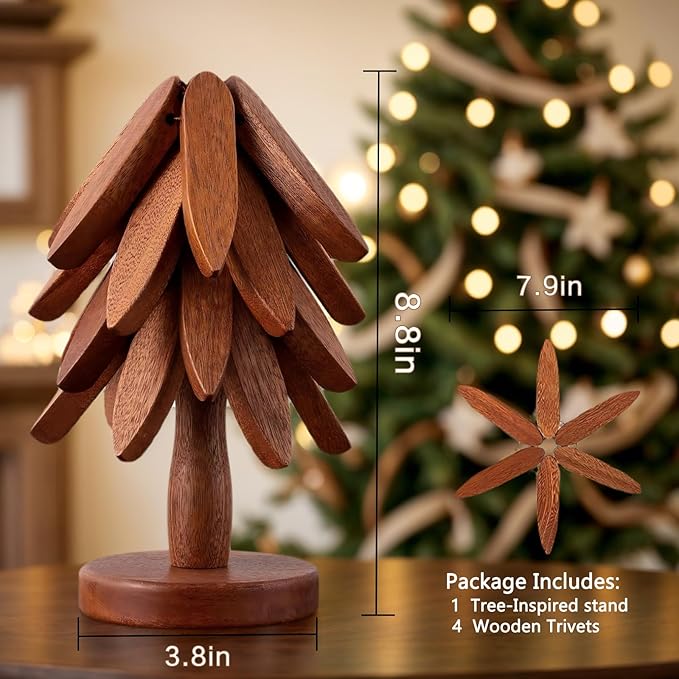 Wooden Trivets for Hot Dishes, Tree Shape Trivet Set, 4 Walnut Wood + 1 Stand stored Like a Christmas Tree,Foldable Kitchen Wooden Trivet,for Hot Dishes、Pot、Bowl、Teapot、Hot Pot Holder(Walnut Wood)