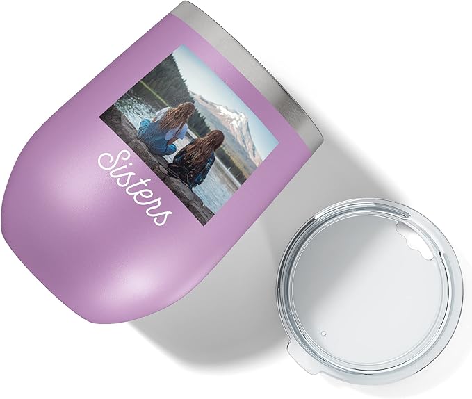 Personalized Mothers Day 12oz Photo Printed Insulated Stainless Steel Powder Coated Stemless Wine Tumbler with Lid, Customized Mum Gift Idea for Her, Custom Mom Team (Light Purple)