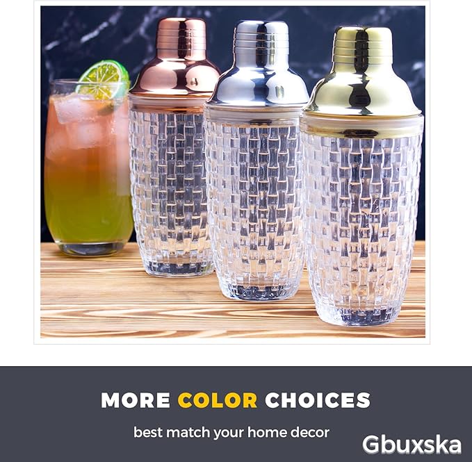 Glass Cocktail Shaker Set - Glass Shaker for Drinks, Shaker Set for Bars, Whiskey, Cocktails (Gold, 13 oz)