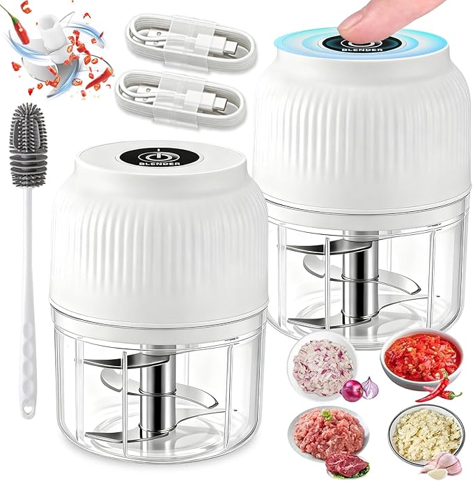2026 New Electric Garlic Chopper, Mini Portable Veggie Chopper with 304 Stainless Steel Blades, 300ML Rechargeable Food Processor Cordless, for Mashing Onion Garlic Chili Ginger Fruits (2*White)