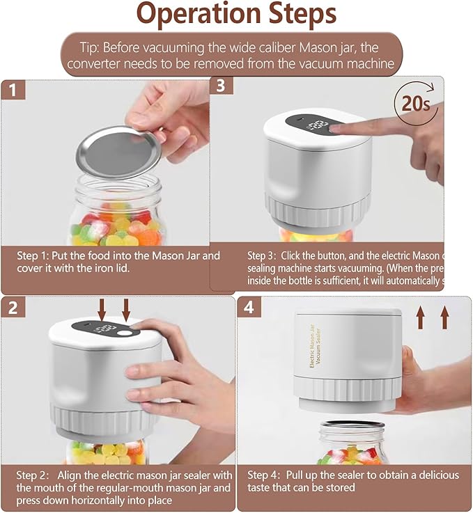 Mason Jar Vacuum Sealer, 80kPa Electric Mason Jar Vacuum Sealer Kit Auto Stop White Jar Sealer Vacuum Sealing Machine for Food Vacuum Storage with Wide and Regular Mouth Lids Can Opener Stickers