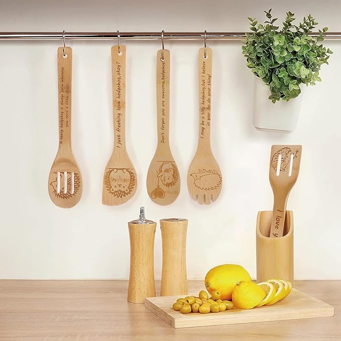 5PCS Hedgehog Wooden Cooking Spoons Kitchen Decor Hedgehog Gifts for Women Men Hedgehog Lovers Birthday Gifts Party Favors Housewarming Wedding Bamboo Cooking Spoons for Everyday Use