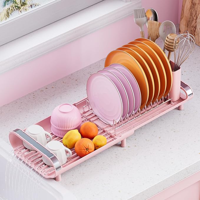 TOOLF Small Dish Drying Rack, Mini Expandable Compact Dish Rack, Slim Extendable Stainless Steel Dish Drainer for Kitchen Plate Storage, Space Saving Dish Strainer in Sink or on Home Countertop, Pink