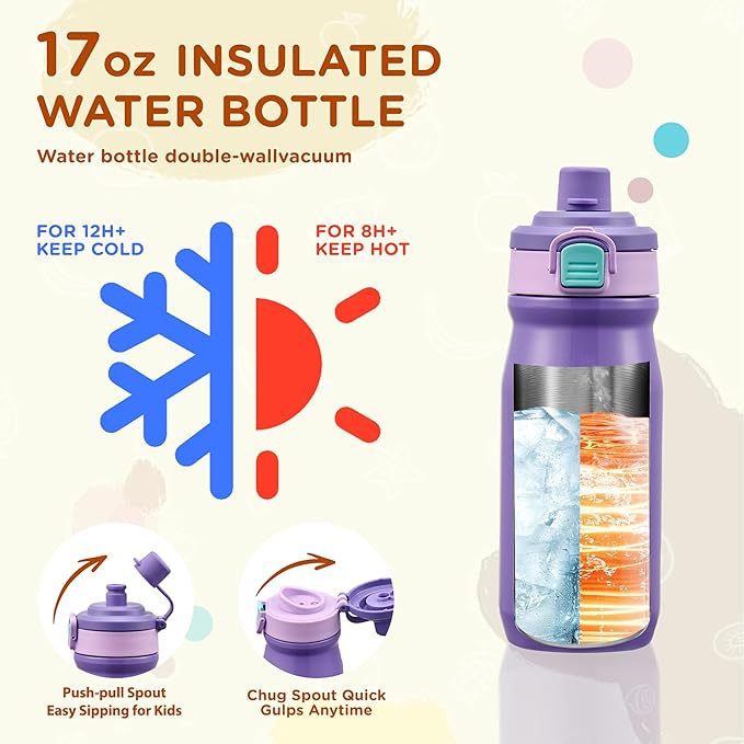 MAISON HUIS Bento Box for Kids with 8oz Soup Thermo, Insulated Lunch Bag & 17oz Water Bottle, 2-Compartment Bento Box with Built-In Ice Pack, Leak-Proof & BPA-Free (Purple)