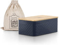 LARS NYSØM Bread Box I Metal Box with linen bag for long lasting freshness I Bread Bin with bamboo lid usable as cutting board I 13.4x7.3x5.3In (Midnight Blue)