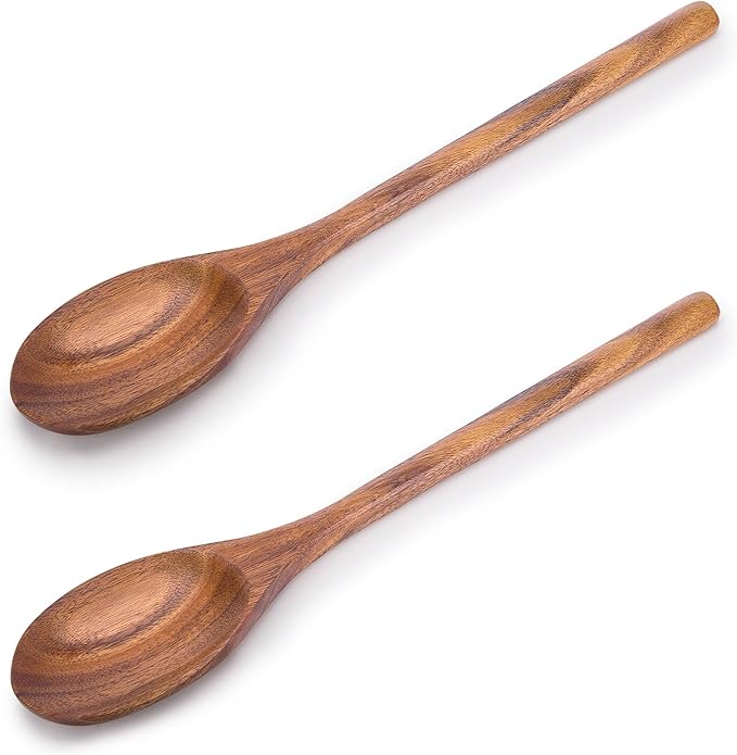 HAKSEN 2PCS Wooden Cooking Spoons, Natural Acacia Wood Kitchen Utensil, 12Inch Large Wooden Mixing Spoons for Nonstick Cookwares, Comfort Grip, Durable, Kitchen Gifts for Women, Cooking Gifts for Men