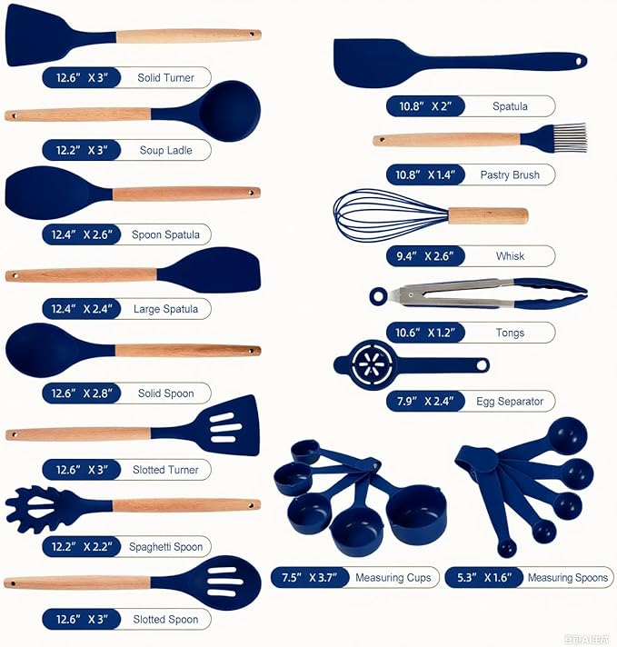 Kitchen Utensils Set - Non-Stick Silicone Cooking Utensils Set with Wooden Handle,Kitchen Gadgets Tools Set for Nonstick Cookware (Navy Blue-34P)
