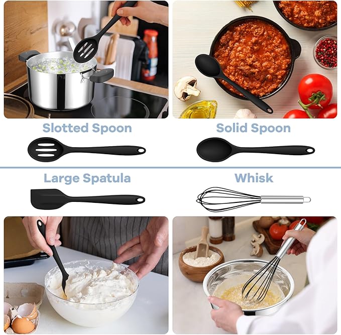 TeamFar 8 PCS Silicone Cooking Utensils - 446°F Heat Resistant Kitchen Silicon Utensils Set, Turner, Spatula, Spoon, Whisk, Kitchen Cooking Gadgets Tools for Nonstick Cookware, Dishwasher Safe-Black