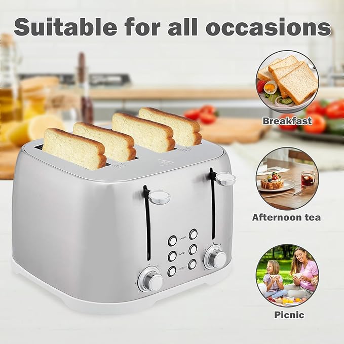 4 Slice Brushed Silver Stainless Steel Toaster with Wide Slots, Bagel, Defrost, Cancel Functions, 1600W Family Size Bread Maker for Modern Kitchens