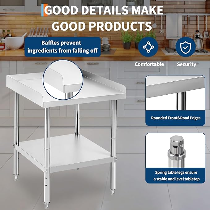 24x24x30 in Stainless Steel Equipment Grill Stand Table 400 LBS Capacity NSF Certified with Adjustable Legs, 2 in Edge Baffle, for Hotel, Home, Commercial Restaurant Kitchen