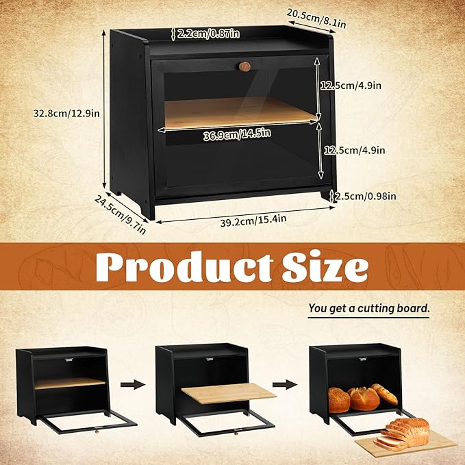 Bamboo Bread Box for Kitchen Countertop, Double Layer Large Capacity Bread Storage Cabinet with Removable Cutting Board, Farmhouse Breadbox Container Organizer Bins for Pantry Shelf Cupboard (Black)