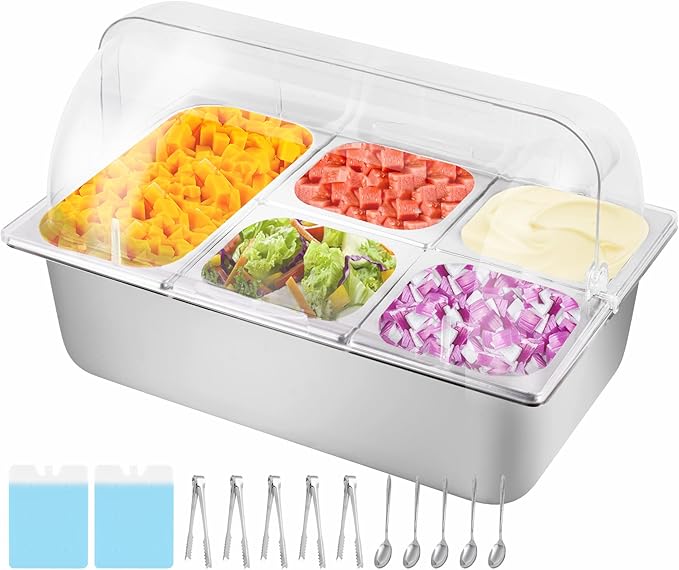 Cold Food Buffet Server 5 Pans (4 Pans×1.6Qt & 1 Pan×4QT) with Ice Packs for Salad Pizza Sauce Colded Serving Trays Condiments Containers for Parties Buffet