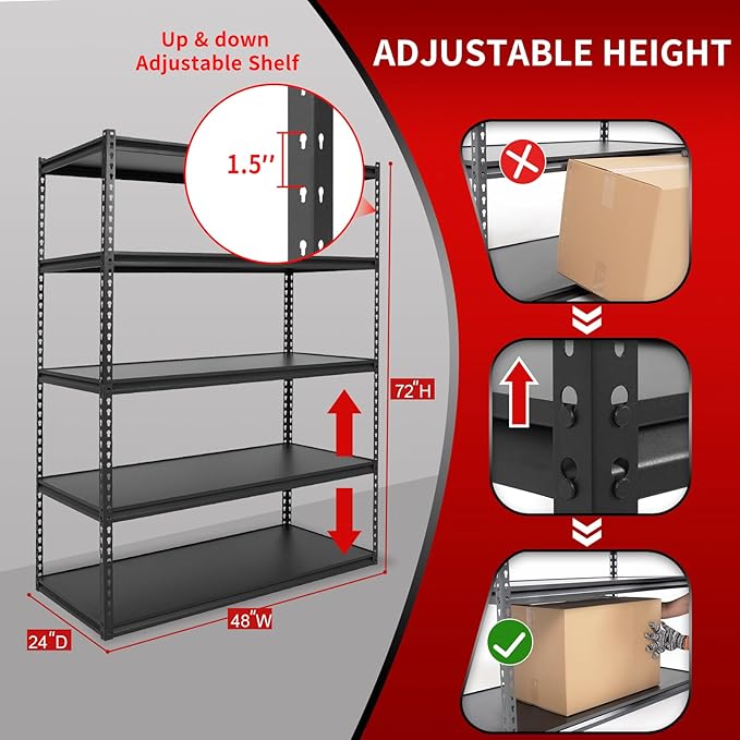 The Atlas 48" W Laminated Heavy Duty Metal Shelving Unit 3250 Lbs Boltless Garage Storage Shelves Utility Rack Shelf Warehouse Pantry Shed 48" W x 24" D x 72" H, Black