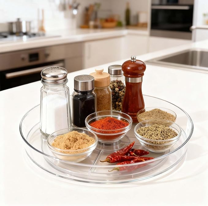Lazy Susan Turntable for Spice Organization | Clear BPA-Free Plastic Rotating Organizer for Kitchen Cabinet, Pantry, Countertop, Fridge | 360-Degree Rotating Base (10 inch - 8 Pack)