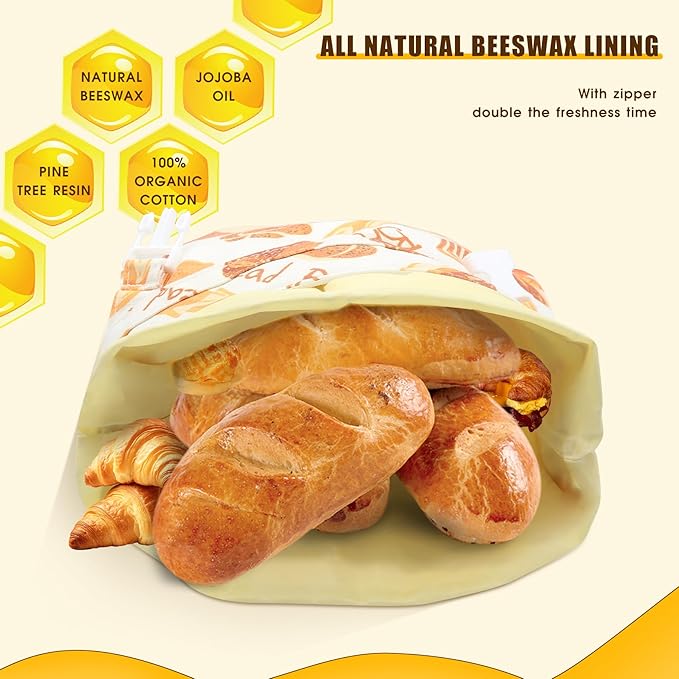 Reusable Beeswax Bread Bags for Homemade Bread Sourdough, XL Eco-Friendly Fresh Food Storage with Buckle & Zipper, Moisture Lock, Keeps Bakes Fresh Longer (2 Pack)