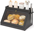 Bamboo Bread Box with Shelf for Kitchen Counter-Large Capacity Bread Storage Container with Wavy Arcylic Transparent Door Bamboo Wooden Farmhouse Bread Box for Your House (Black)