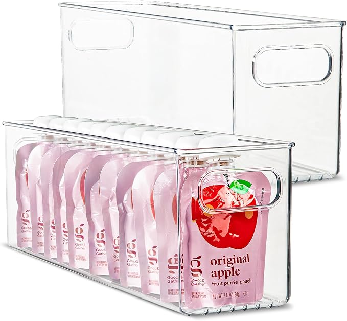 primebox Plastic Food Storage 2 Pack Clear Container Bin with Handles for Organizing Kitchen, Pantry, Refrigerator, Freezer, Pantry, Cabinet, Closet, Bathroom. 16”x4”x5”