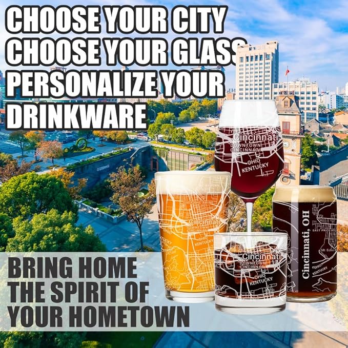 Blue Ridge Mountain Gifts - Cincinnati Souvenir - Ohio Glassware Gift, Etched City Map, Laser Engraved and Dishwasher Safe