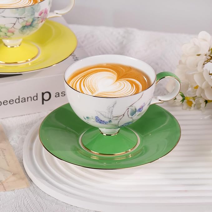 KAMMAK Ceramic Coffee Cups Saucers Set of 2, Porcelain Espresso Cups with Saucers, 7.44 oz Handcrafted Elegant Bone China Tea Cups, Grape & Blueberry Pattern Teacup for Party, Office, Women Gift