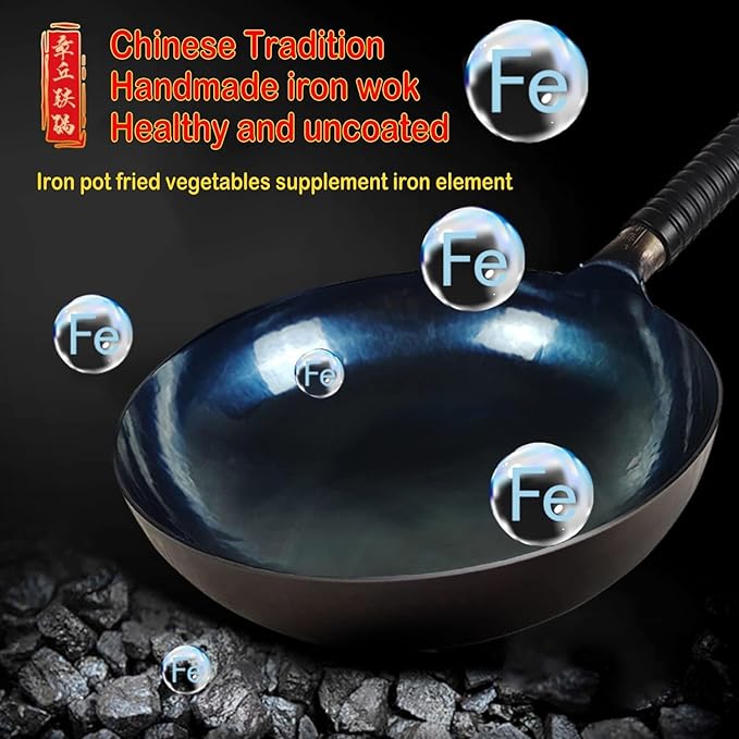 14 Inch Chinese Hand Hammered Iron Wok and Stir Fry Pans with Lid Round Bottom Wok Pan Non-stick No Coating Ideal for Home Use and Gift Giving