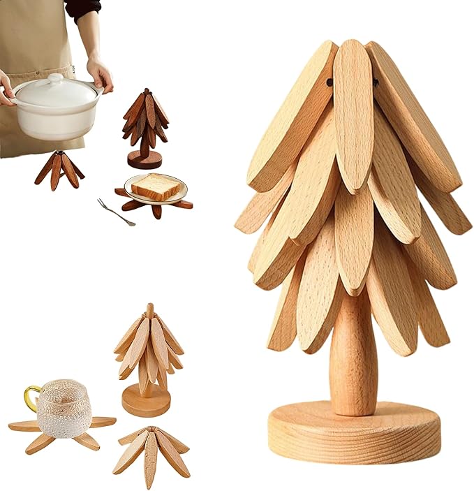 Natural Tree Trivet Set - Natural Foldable Kitchen Trivets, Handmade Wooden Hot Pad Holder for Plates, Pots, Pans, Cup, Kitchen Dining Table Protection (Wood, M)