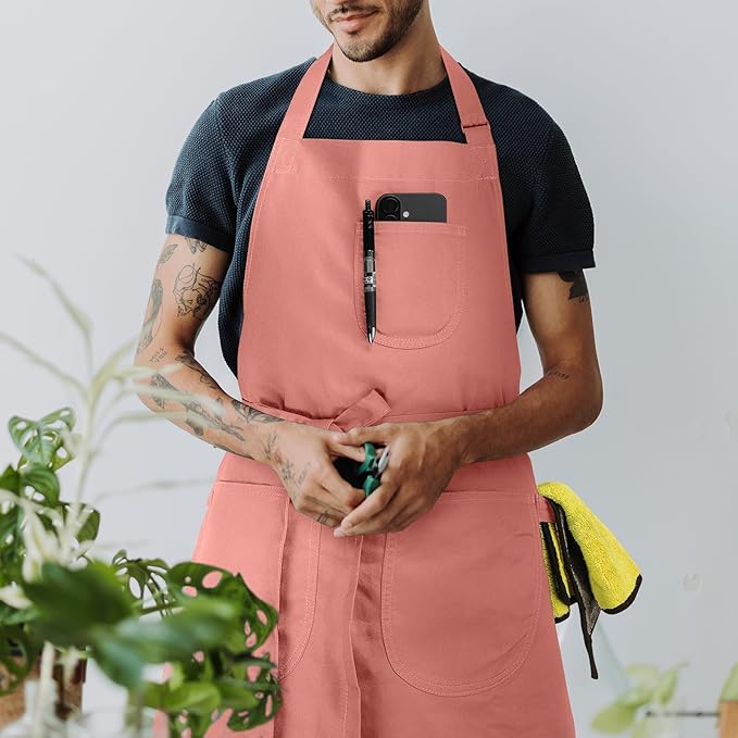Unisex Apron with Pockets for Cooking, Salon & Art - 100% Cotton Adult Kitchen, Chef, Stylist Apron (Pink)