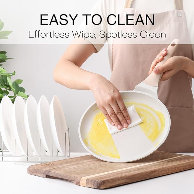 Kordisen Crepe Pan Nonstick, 10 Inch Healthy Coating Comales para Tortillas Dosa Pan with Spreader, Induction Compatible, PFOA Free (White)