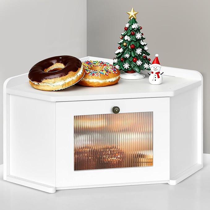Corner Bread Box for Kitchen Countertop, Wooden Bread Storage for Homemade Bread, Rustic Breadbox with Acrylic Wavy Door, Bread Container for Kitchen Counter Cabinet, Pantry, Cupboard
