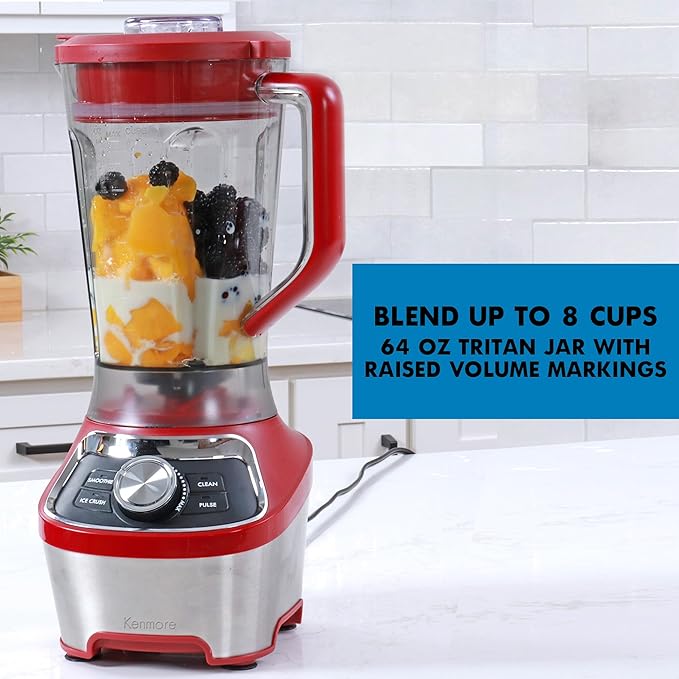 Kenmore Countertop Blender – Electric Mixer for Smoothies, Ice Crush & Pulse Function, Heavy Duty Plastic Pitcher, Kitchen Appliance, Dishwasher-Safe Jar, Red