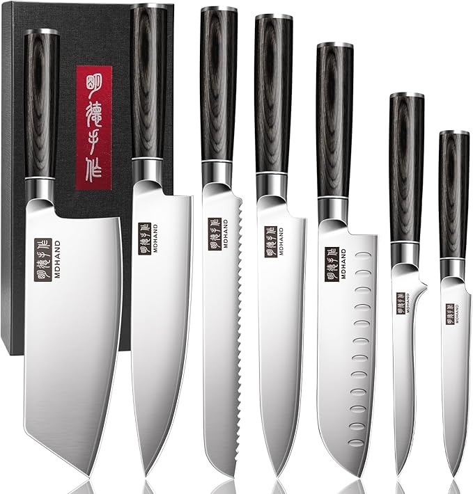 MDHAND Knife Set, 7PCS Professional Japanese Kitchen Knife Set, High Carbon Stainless Steel Chef Knife Sets - Pakkawood Handle for Professional Chef, Camping, Cooking, Dishwasher Safe, Elegant Box